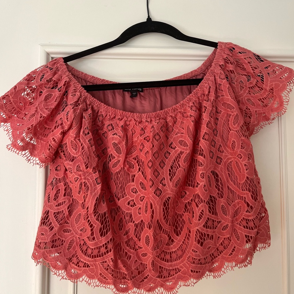 Pink Express lace off the shoulder crop top